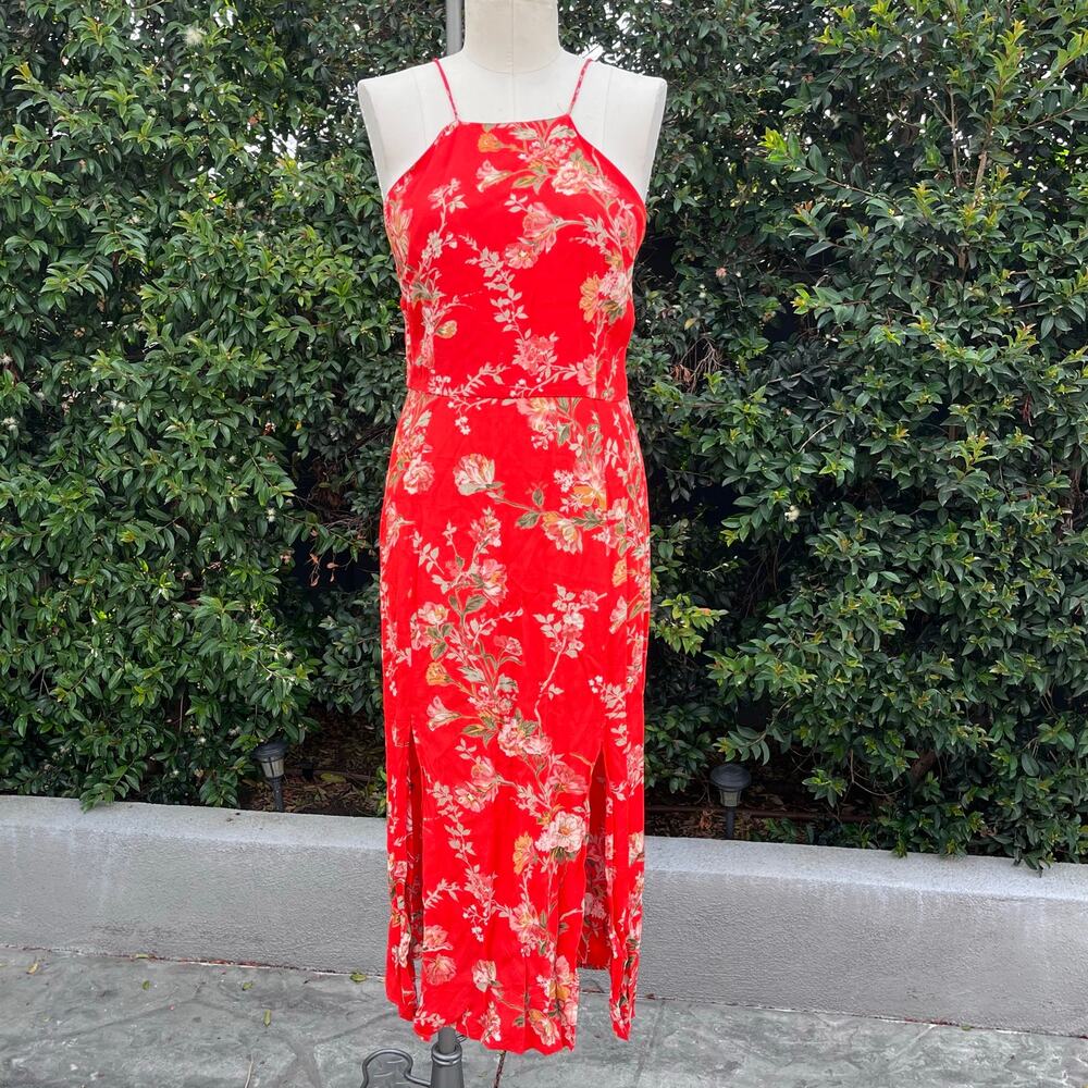 Topshop Red Floral Slit Dress Open Back Slip Dress Size US 6 Romantic Cottage